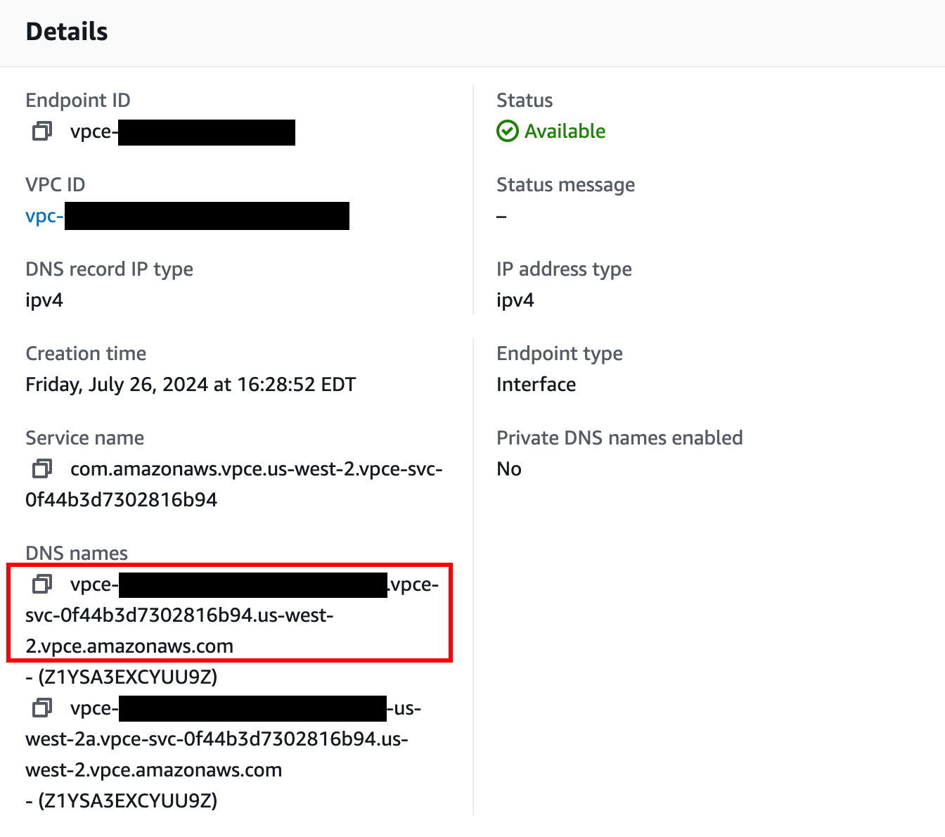 Highlighted DNS names section shows your hostname